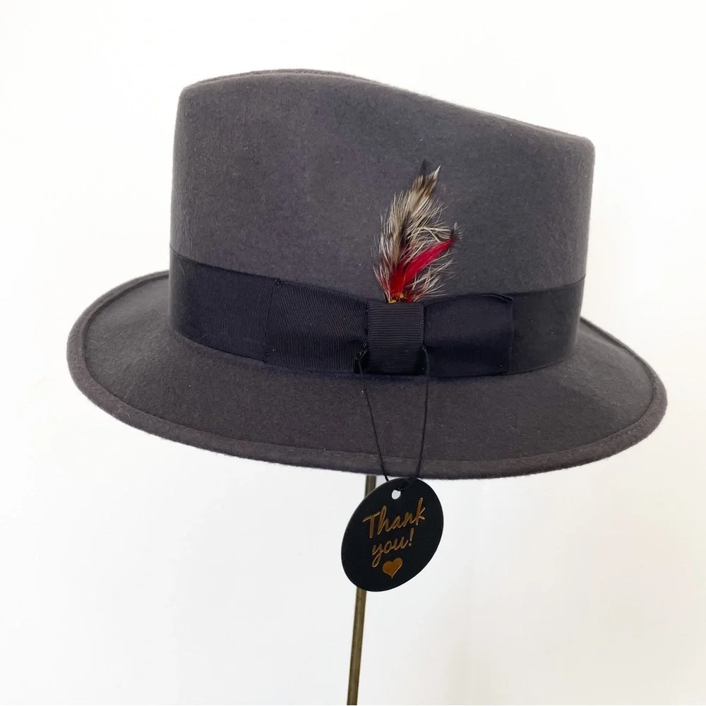 Vintage Botany 500 slate gray 100% wool fedora hat feather accent USA men’s XL - Picture 1 of 12